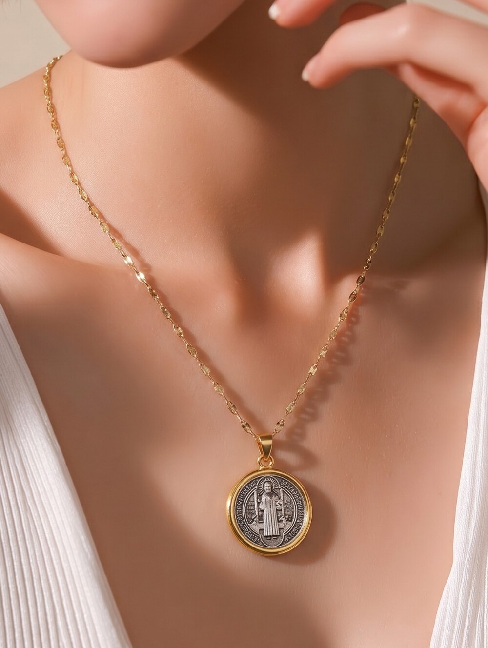St Benedict Medal Necklace Gold Silver Two Tone Stainless Steel Catholic Saint